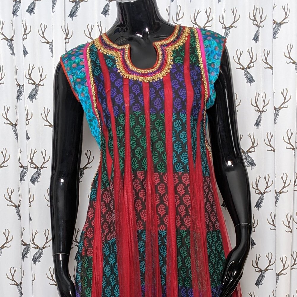 Rainbow Gold Peacock Embroidered Indian Print Dress with Mesh Insets